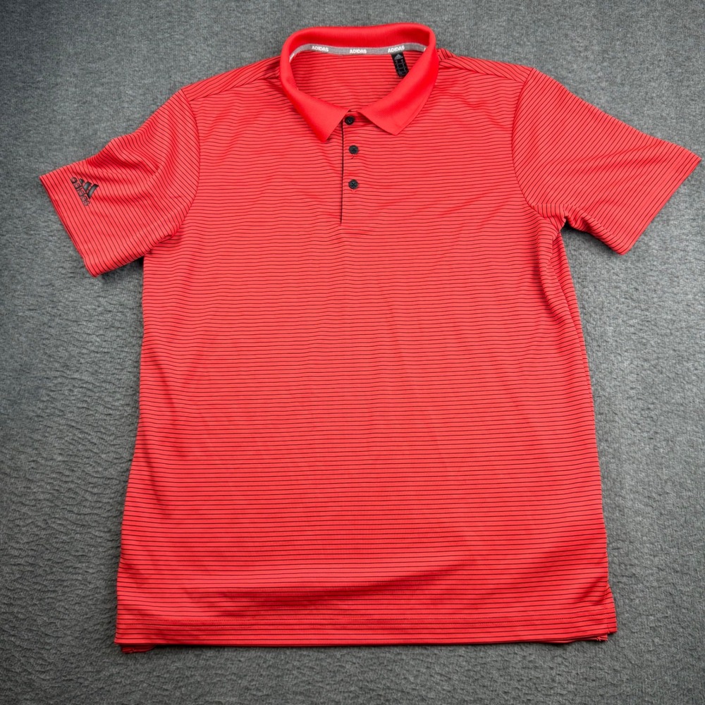 Adidas Polo Shirt Men's Medium Red Striped Performance Golf Short Sleeve‎
